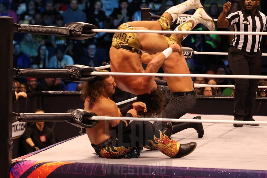 Bang Bang Gang (“Switchblade” Jay White and “Rock Hard” Juice Robinson) vs “Hangman” Adam Page and “The Patriarchy” Christian Cage at AEW Dynamite on Wednesday, November 13, 2024, at the Total Mortgage Arena, in Bridgeport, Connecticut. Photo by George Tahinos, georgetahinos.smugmug.com