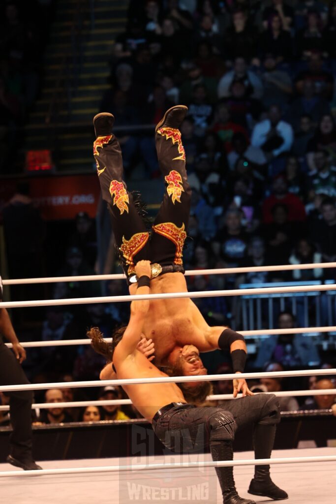 Bang Bang Gang (“Switchblade” Jay White and “Rock Hard” Juice Robinson) vs “Hangman” Adam Page and “The Patriarchy” Christian Cage at AEW Dynamite on Wednesday, November 13, 2024, at the Total Mortgage Arena, in Bridgeport, Connecticut. Photo by George Tahinos, georgetahinos.smugmug.com