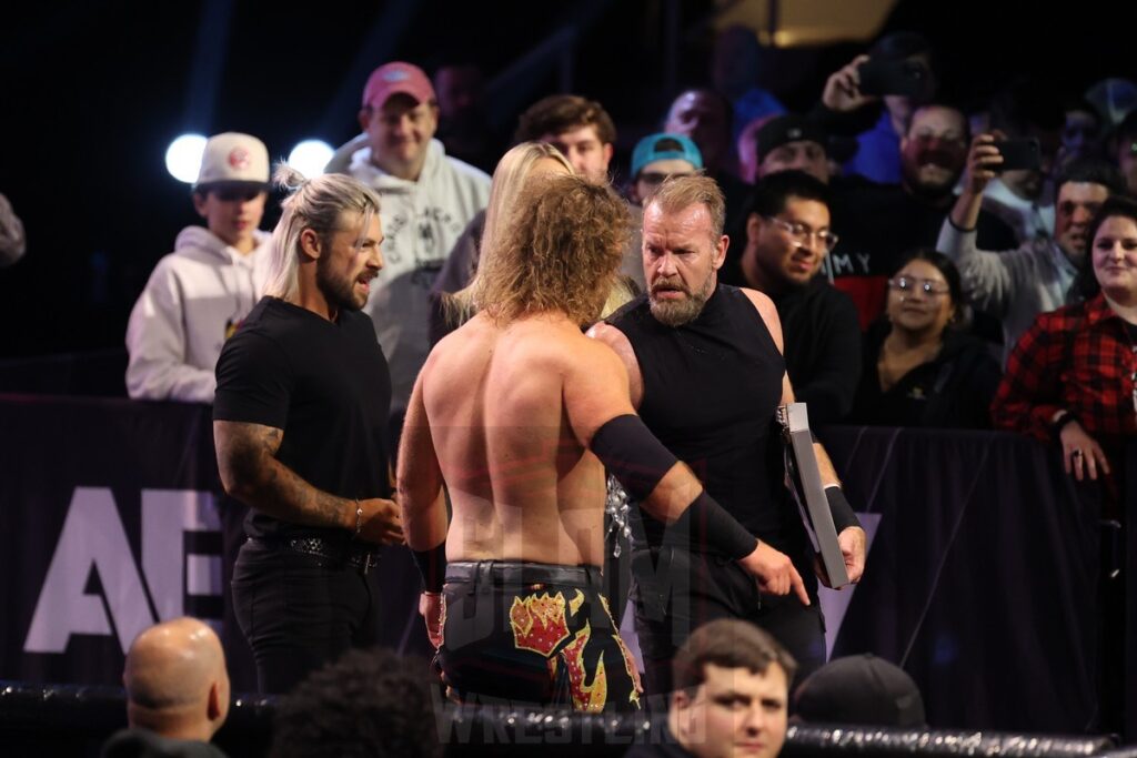 “Hangman” Adam Page and “The Patriarchy” Christian Cage have words post-match at AEW Dynamite on Wednesday, November 13, 2024, at the Total Mortgage Arena, in Bridgeport, Connecticut. Photo by George Tahinos, georgetahinos.smugmug.com