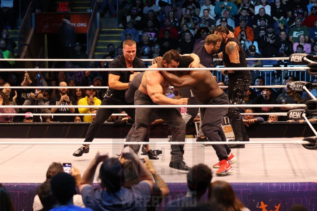 It's a brawl involving Kyle Fletcher, Will Ospreay, Lance Archer, Brian Cage, Powerhouse Hobbs and Mark Davis at AEW Dynamite on Wednesday, November 13, 2024, at the Total Mortgage Arena, in Bridgeport, Connecticut. Photo by George Tahinos, georgetahinos.smugmug.com