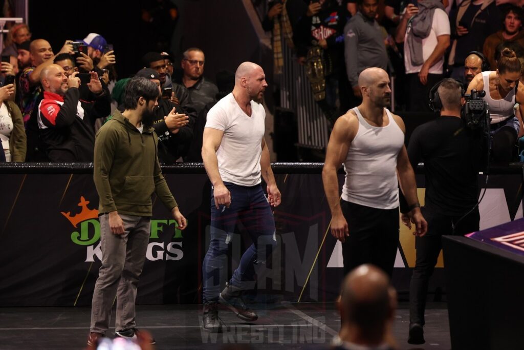 Wheeler Yuta, Jon Moxley and Claudio Castagnoli at AEW Dynamite on Wednesday, November 13, 2024, at the Total Mortgage Arena, in Bridgeport, Connecticut. Photo by George Tahinos, georgetahinos.smugmug.com