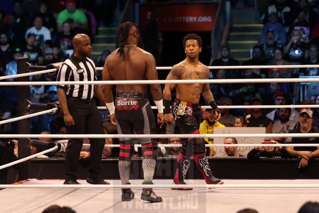 Swerve Strickland (w/ Prince Nana) vs Lio Rush at AEW Dynamite on Wednesday, November 13, 2024, at the Total Mortgage Arena, in Bridgeport, Connecticut. Photo by George Tahinos, georgetahinos.smugmug.com