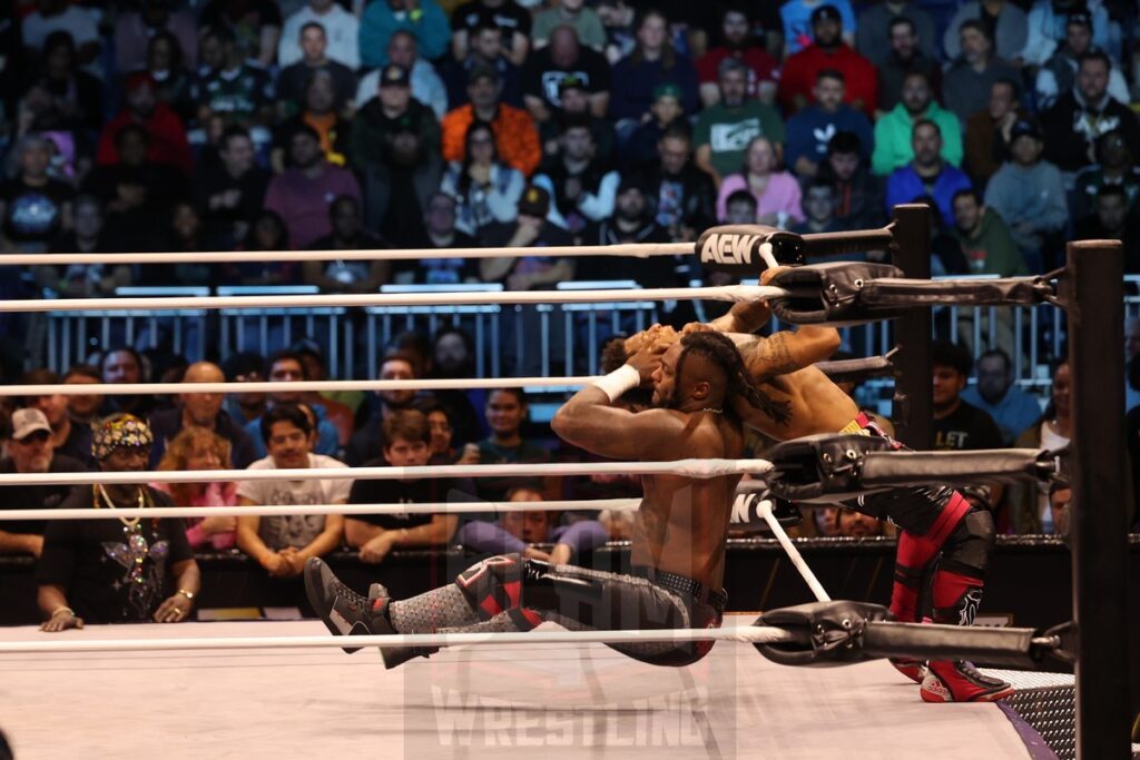 Swerve Strickland (w/ Prince Nana) vs Lio Rush at AEW Dynamite on Wednesday, November 13, 2024, at the Total Mortgage Arena, in Bridgeport, Connecticut. Photo by George Tahinos, georgetahinos.smugmug.com