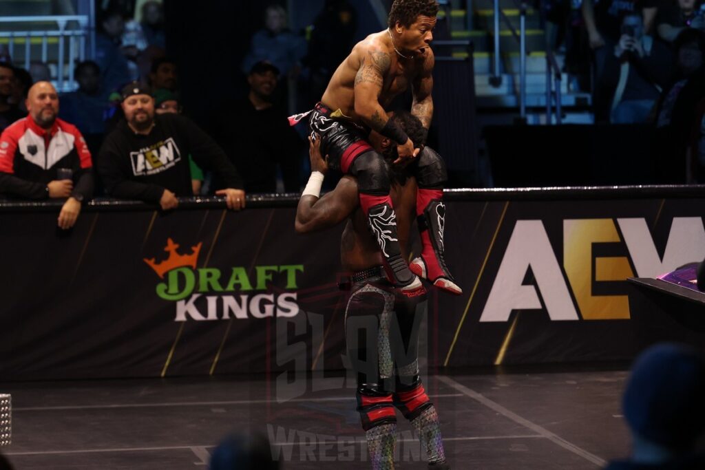 Swerve Strickland (w/ Prince Nana) vs Lio Rush at AEW Dynamite on Wednesday, November 13, 2024, at the Total Mortgage Arena, in Bridgeport, Connecticut. Photo by George Tahinos, georgetahinos.smugmug.com