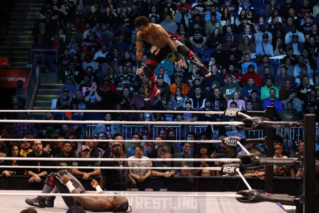 Swerve Strickland (w/ Prince Nana) vs Lio Rush at AEW Dynamite on Wednesday, November 13, 2024, at the Total Mortgage Arena, in Bridgeport, Connecticut. Photo by George Tahinos, georgetahinos.smugmug.com