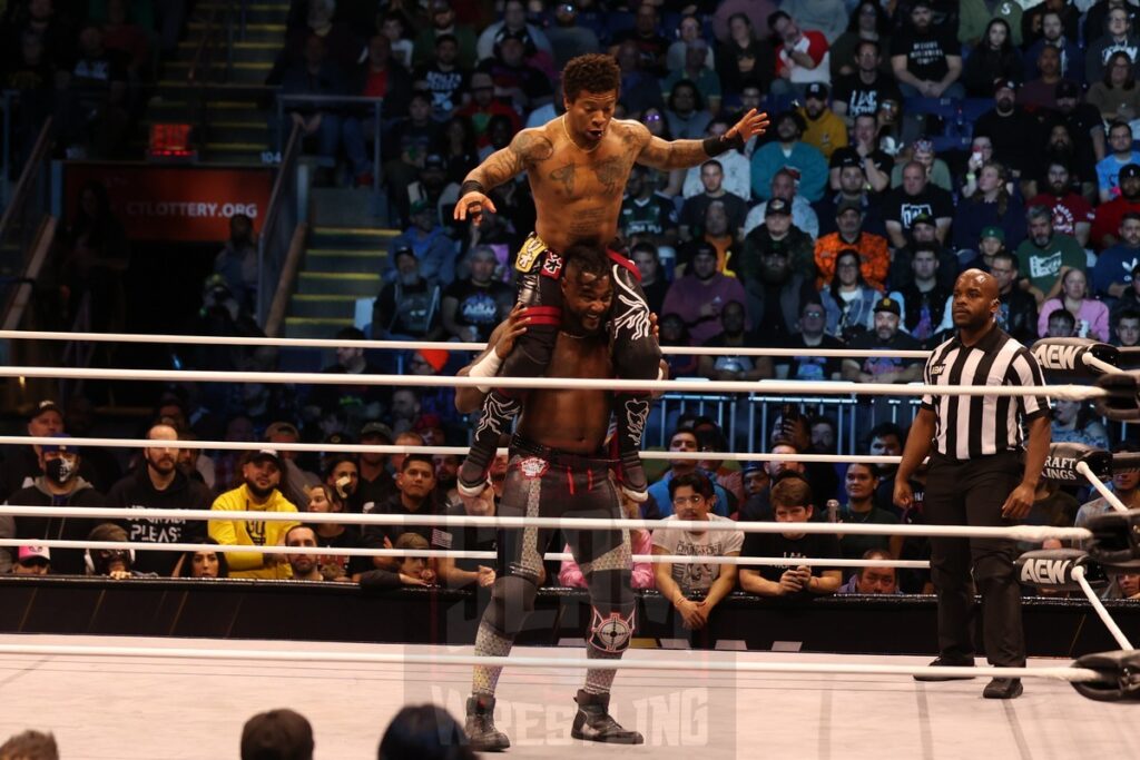 Swerve Strickland (w/ Prince Nana) vs Lio Rush at AEW Dynamite on Wednesday, November 13, 2024, at the Total Mortgage Arena, in Bridgeport, Connecticut. Photo by George Tahinos, georgetahinos.smugmug.com