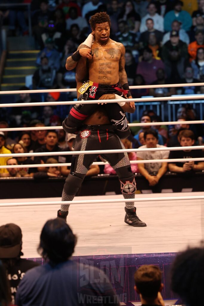 Swerve Strickland (w/ Prince Nana) vs Lio Rush at AEW Dynamite on Wednesday, November 13, 2024, at the Total Mortgage Arena, in Bridgeport, Connecticut. Photo by George Tahinos, georgetahinos.smugmug.com