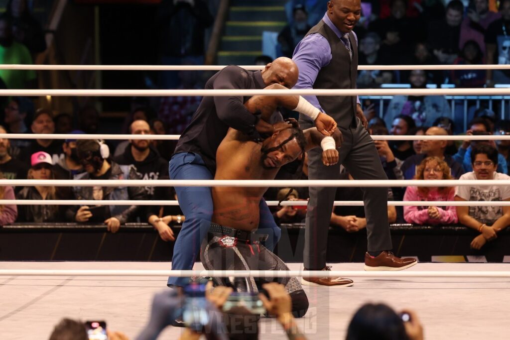 Bobby Lashley, Shelton Benjamin and MVP attack Swerve Strickland and Prince Nana at AEW Dynamite on Wednesday, November 13, 2024, at the Total Mortgage Arena, in Bridgeport, Connecticut. Photo by George Tahinos, georgetahinos.smugmug.com