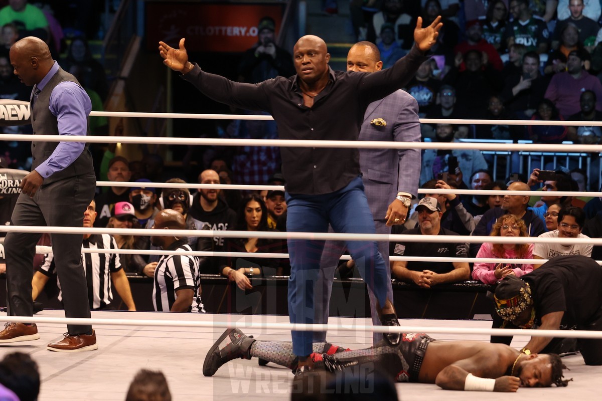 Bobby Lashley, Shelton Benjamin and MVP attack Swerve Strickland and Prince Nana at AEW Dynamite on Wednesday, November 13, 2024, at the Total Mortgage Arena, in Bridgeport, Connecticut. Photo by George Tahinos, georgetahinos.smugmug.com