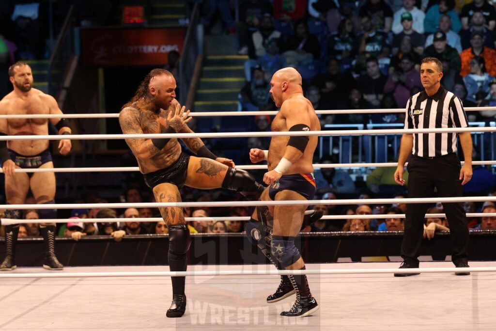 AEW Full Gear 4-Way Contenders Series Match: FTR (Cash Wheeler and Dax Harwood) vs House of Black (Malakai Black and Brody King) at AEW Dynamite on Wednesday, November 13, 2024, at the Total Mortgage Arena, in Bridgeport, Connecticut. Photo by George Tahinos, georgetahinos.smugmug.com