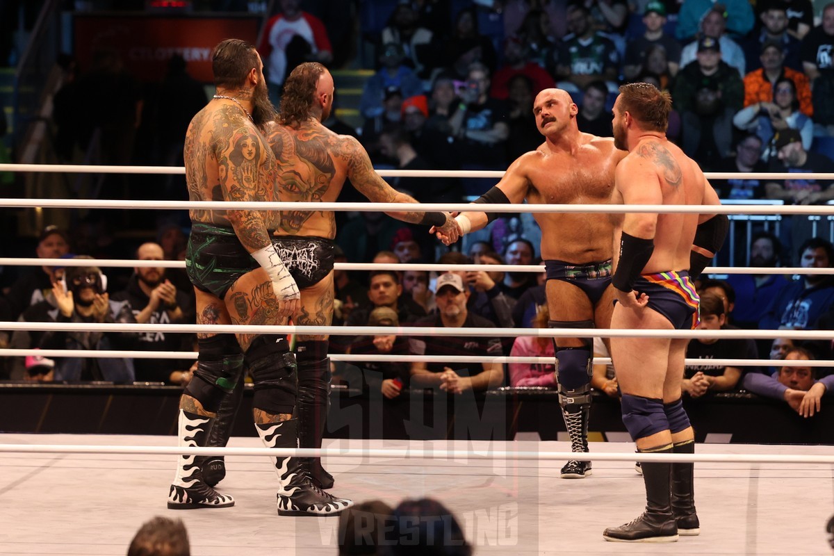 Post-match. FTR (Cash Wheeler and Dax Harwood) and House of Black (Malakai Black and Brody King) shake it out at AEW Dynamite on Wednesday, November 13, 2024, at the Total Mortgage Arena, in Bridgeport, Connecticut. Photo by George Tahinos, georgetahinos.smugmug.com