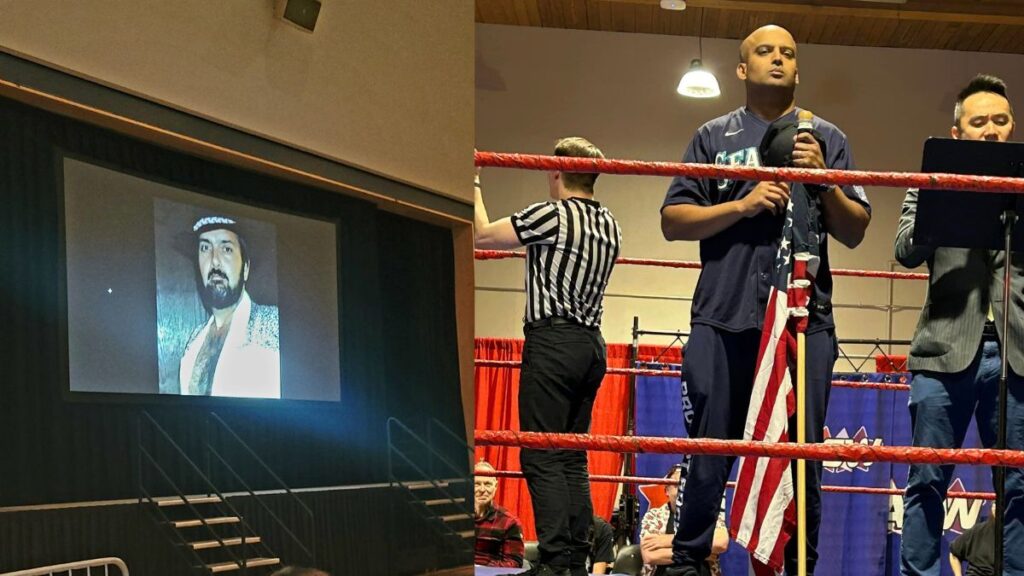 Left: A tribute to Jonathan "Fuzzy" Sayers at a Primetime Wrestling show; Right: Azeem the Dream in April 2024. Photo by Tara Delaney