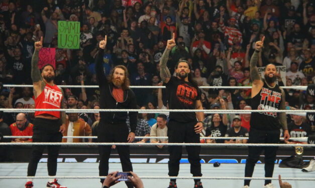 The original Bloodline - Jey Uso, Sami Zayn, Roman Reigns and Jimmy Uso - officially reunite at WWE SmackDown at KeyBank Center in Buffalo, NY. Photo by Steve Argintaru, Twitter/IG