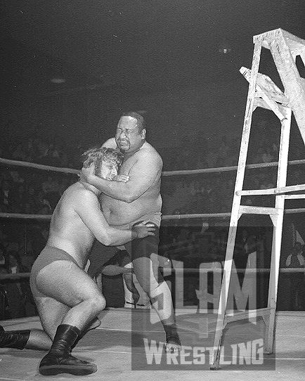 "Cowboy" Dan Kroffat and Tor Kamata in what is believed to be the first-ever wrestling ladder match, in Stampede Wrestling, in 1972. Photo by Bob Leonard