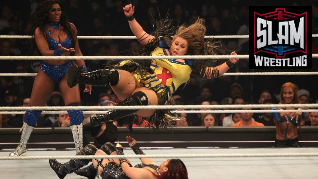 Piper Niven crashes down on Iyo Sky at WWE Smackdown on Friday, November 1, 2024 (taped October 25, 2024), at the Barclays Center in Brooklyn, NY. Photo by George Tahinos, https://georgetahinos.smugmug.com