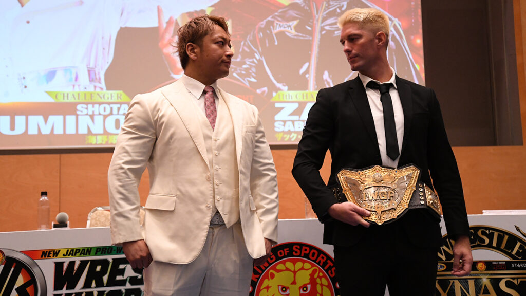 Shota Umino and Zack Sabre Jr. at the Wrestle Kingdom press conference. Courtesy: NJPW.