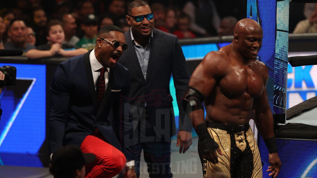 Bobby Lashley and The Street Profits at WWE Smackdown on Friday, December 1, 2023, at the Barclays Center in Brooklyn, ny. Photo by George Tahinos, https://georgetahinos.smugmug.com