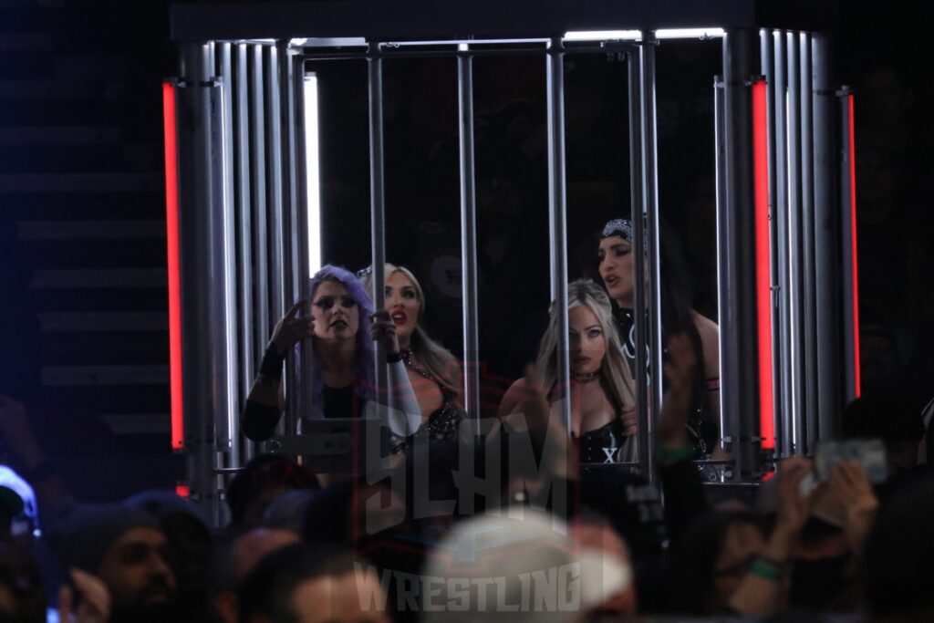 WarGames match: Rhea Ripley, Bayley, Bianca Belair, Iyo Sky, and Naomi vs. Liv Morgan, Racquel Rodriguez, Nia Jax, Candice LeRea, and Tiffany Stratton at WWE Survivor Series: War Games, at the Rogers Arena in Vancouver, BC, on Saturday, November 30, 2024. Photo by Mike Mastrandrea, https://www.instagram.com/mikemastrandrea_photography