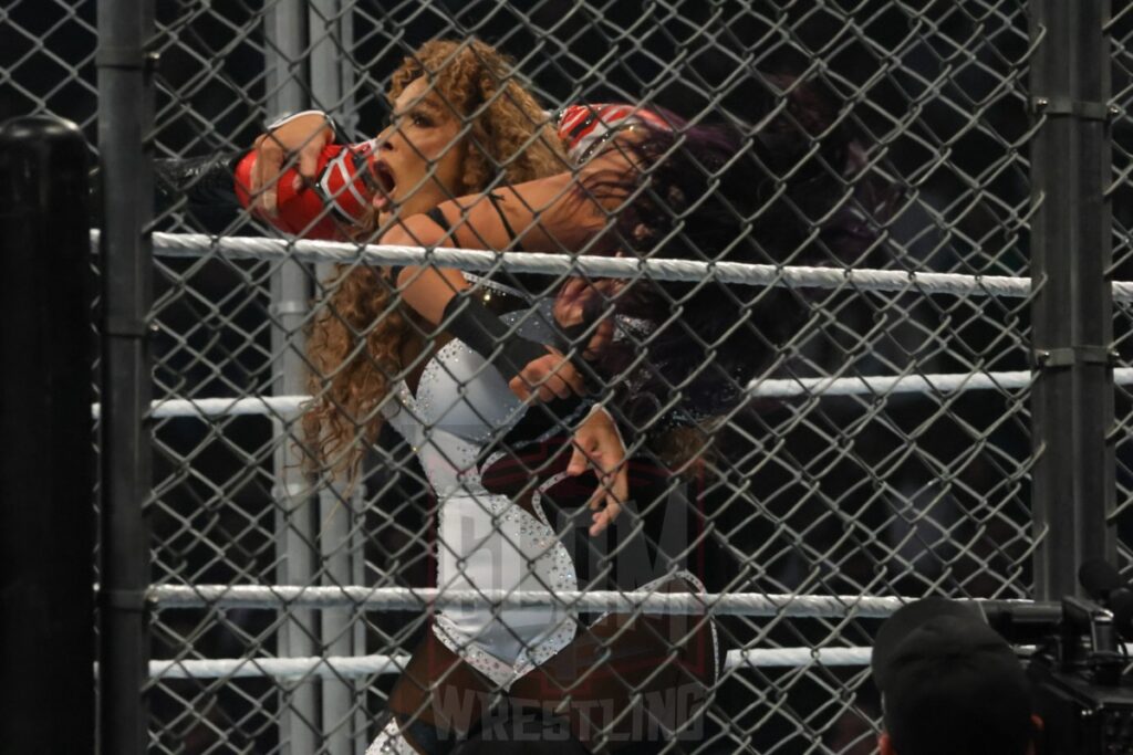 WarGames match: Rhea Ripley, Bayley, Bianca Belair, Iyo Sky, and Naomi vs. Liv Morgan, Racquel Rodriguez, Nia Jax, Candice LeRea, and Tiffany Stratton at WWE Survivor Series: War Games, at the Rogers Arena in Vancouver, BC, on Saturday, November 30, 2024. Photo by Mike Mastrandrea, https://www.instagram.com/mikemastrandrea_photography