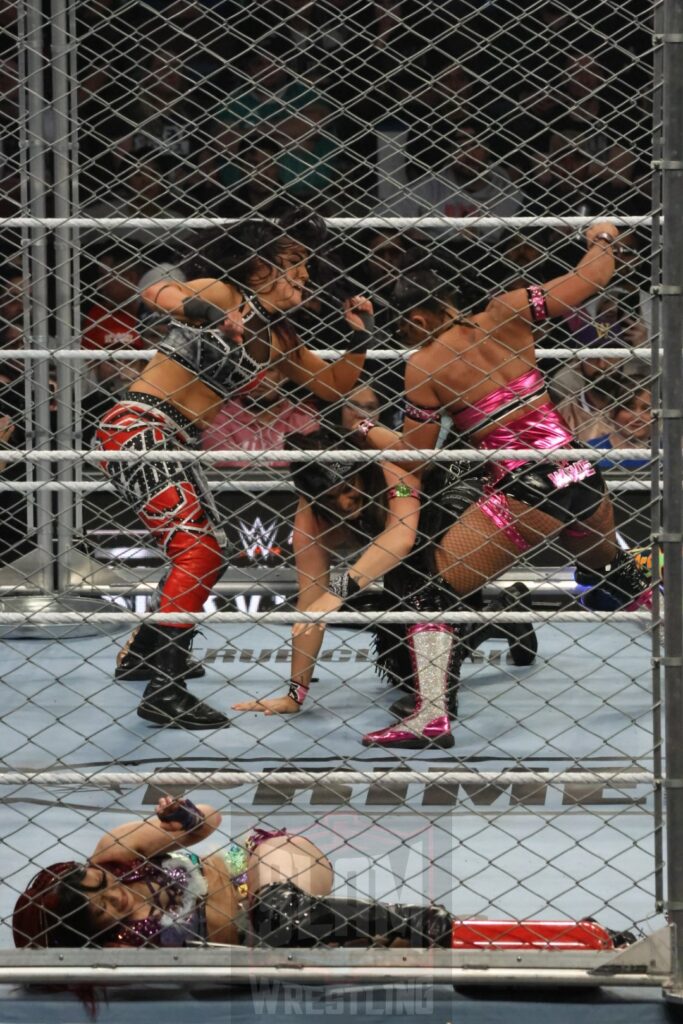 WarGames match: Rhea Ripley, Bayley, Bianca Belair, Iyo Sky, and Naomi vs. Liv Morgan, Racquel Rodriguez, Nia Jax, Candice LeRea, and Tiffany Stratton at WWE Survivor Series: War Games, at the Rogers Arena in Vancouver, BC, on Saturday, November 30, 2024. Photo by Mike Mastrandrea, https://www.instagram.com/mikemastrandrea_photography