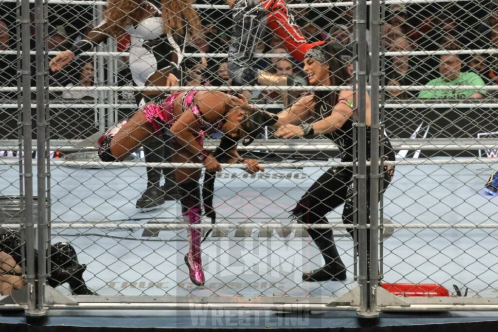 WarGames match: Rhea Ripley, Bayley, Bianca Belair, Iyo Sky, and Naomi vs. Liv Morgan, Racquel Rodriguez, Nia Jax, Candice LeRea, and Tiffany Stratton at WWE Survivor Series: War Games, at the Rogers Arena in Vancouver, BC, on Saturday, November 30, 2024. Photo by Mike Mastrandrea, https://www.instagram.com/mikemastrandrea_photography