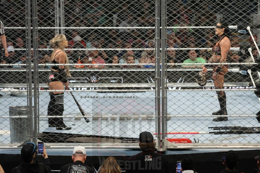 WarGames match: Rhea Ripley, Bayley, Bianca Belair, Iyo Sky, and Naomi vs. Liv Morgan, Racquel Rodriguez, Nia Jax, Candice LeRea, and Tiffany Stratton at WWE Survivor Series: War Games, at the Rogers Arena in Vancouver, BC, on Saturday, November 30, 2024. Photo by Mike Mastrandrea, https://www.instagram.com/mikemastrandrea_photography