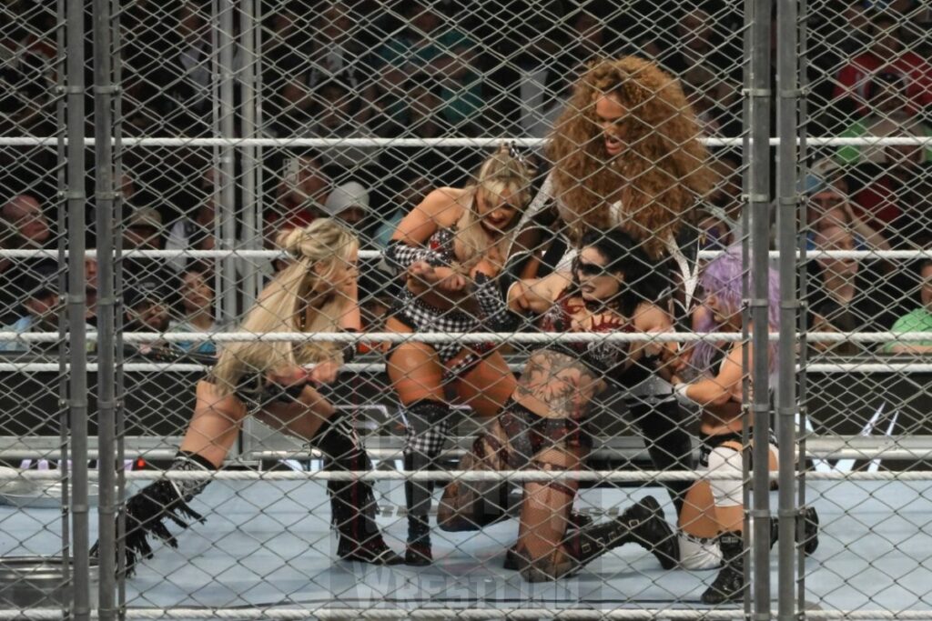 WarGames match: Rhea Ripley, Bayley, Bianca Belair, Iyo Sky, and Naomi vs. Liv Morgan, Racquel Rodriguez, Nia Jax, Candice LeRea, and Tiffany Stratton at WWE Survivor Series: War Games, at the Rogers Arena in Vancouver, BC, on Saturday, November 30, 2024. Photo by Mike Mastrandrea, https://www.instagram.com/mikemastrandrea_photography