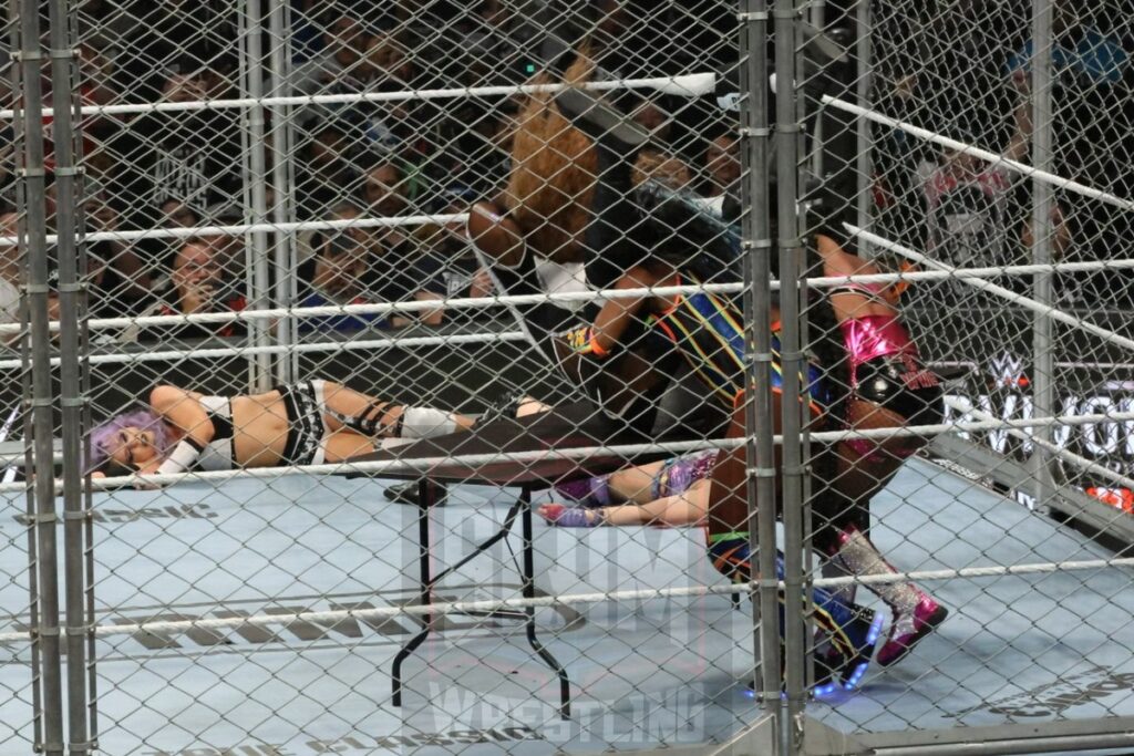 WarGames match: Rhea Ripley, Bayley, Bianca Belair, Iyo Sky, and Naomi vs. Liv Morgan, Racquel Rodriguez, Nia Jax, Candice LeRea, and Tiffany Stratton at WWE Survivor Series: War Games, at the Rogers Arena in Vancouver, BC, on Saturday, November 30, 2024. Photo by Mike Mastrandrea, https://www.instagram.com/mikemastrandrea_photography