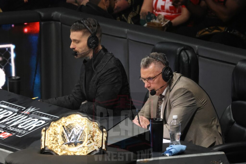 Announcers Corey Graves and Michael Cole during the World Heavyweight Championship Match: Damian Priest vs. Gunther (c) at WWE Survivor Series: War Games, at the Rogers Arena in Vancouver, BC, on Saturday, November 30, 2024. Photo by Mike Mastrandrea, https://www.instagram.com/mikemastrandrea_photography