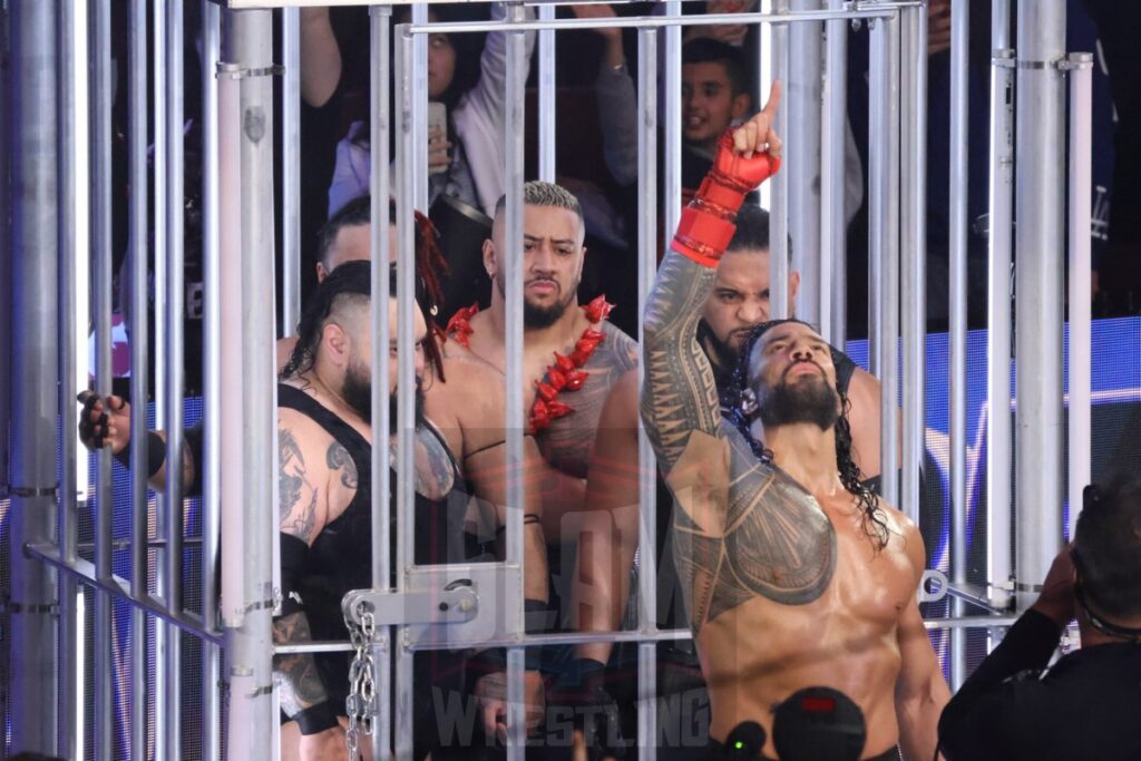 WarGames match: Roman Reigns, Sami Zayn, Jimmy Uso, Jey Uso, and CM Punk vs. Solo Sikoa, Tonga Loa, Tama Tonga, Jacob Fatu, and Bronson Reed at WWE Survivor Series: War Games, at the Rogers Arena in Vancouver, BC, on Saturday, November 30, 2024. Photo by Mike Mastrandrea, https://www.instagram.com/mikemastrandrea_photography