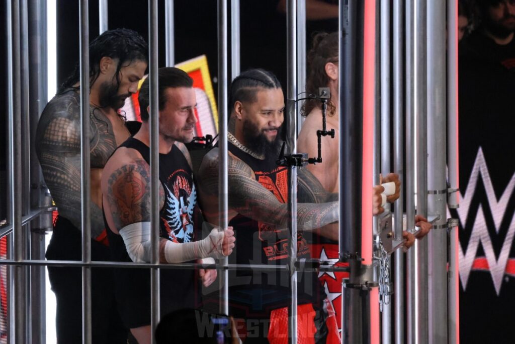 WarGames match: Roman Reigns, Sami Zayn, Jimmy Uso, Jey Uso, and CM Punk vs. Solo Sikoa, Tonga Loa, Tama Tonga, Jacob Fatu, and Bronson Reed at WWE Survivor Series: War Games, at the Rogers Arena in Vancouver, BC, on Saturday, November 30, 2024. Photo by Mike Mastrandrea, https://www.instagram.com/mikemastrandrea_photography