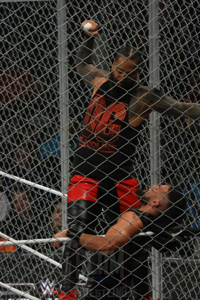 WarGames match: Roman Reigns, Sami Zayn, Jimmy Uso, Jey Uso, and CM Punk vs. Solo Sikoa, Tonga Loa, Tama Tonga, Jacob Fatu, and Bronson Reed at WWE Survivor Series: War Games, at the Rogers Arena in Vancouver, BC, on Saturday, November 30, 2024. Photo by Mike Mastrandrea, https://www.instagram.com/mikemastrandrea_photography