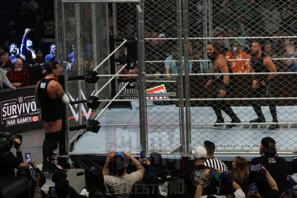 WarGames match: Roman Reigns, Sami Zayn, Jimmy Uso, Jey Uso, and CM Punk vs. Solo Sikoa, Tonga Loa, Tama Tonga, Jacob Fatu, and Bronson Reed at WWE Survivor Series: War Games, at the Rogers Arena in Vancouver, BC, on Saturday, November 30, 2024. Photo by Mike Mastrandrea, https://www.instagram.com/mikemastrandrea_photography