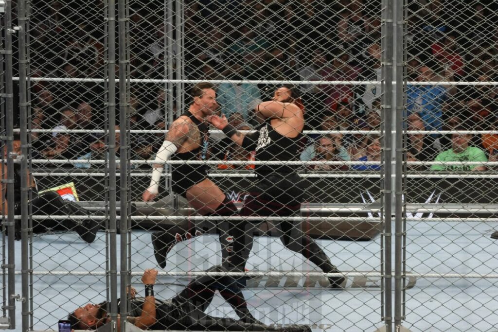 WarGames match: Roman Reigns, Sami Zayn, Jimmy Uso, Jey Uso, and CM Punk vs. Solo Sikoa, Tonga Loa, Tama Tonga, Jacob Fatu, and Bronson Reed at WWE Survivor Series: War Games, at the Rogers Arena in Vancouver, BC, on Saturday, November 30, 2024. Photo by Mike Mastrandrea, https://www.instagram.com/mikemastrandrea_photography