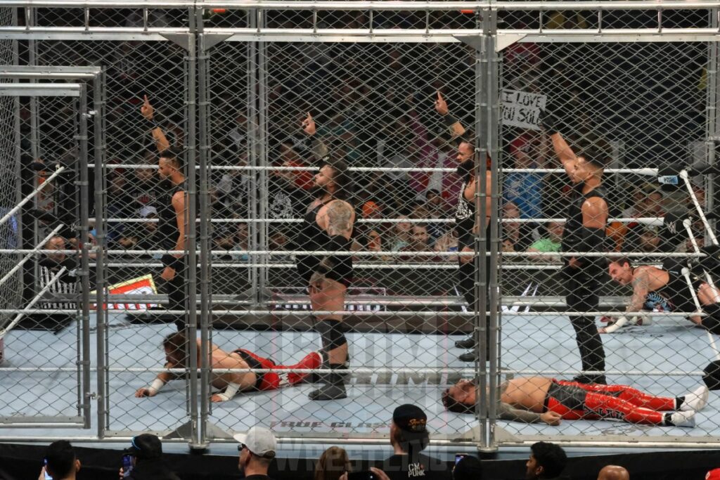 WarGames match: Roman Reigns, Sami Zayn, Jimmy Uso, Jey Uso, and CM Punk vs. Solo Sikoa, Tonga Loa, Tama Tonga, Jacob Fatu, and Bronson Reed at WWE Survivor Series: War Games, at the Rogers Arena in Vancouver, BC, on Saturday, November 30, 2024. Photo by Mike Mastrandrea, https://www.instagram.com/mikemastrandrea_photography