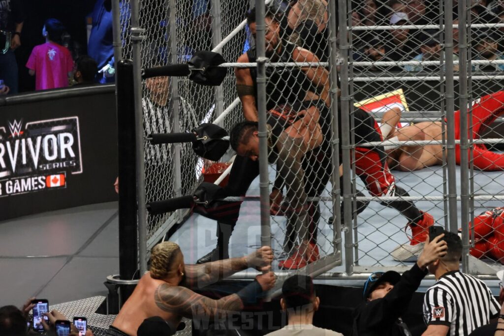 WarGames match: Roman Reigns, Sami Zayn, Jimmy Uso, Jey Uso, and CM Punk vs. Solo Sikoa, Tonga Loa, Tama Tonga, Jacob Fatu, and Bronson Reed at WWE Survivor Series: War Games, at the Rogers Arena in Vancouver, BC, on Saturday, November 30, 2024. Photo by Mike Mastrandrea, https://www.instagram.com/mikemastrandrea_photography