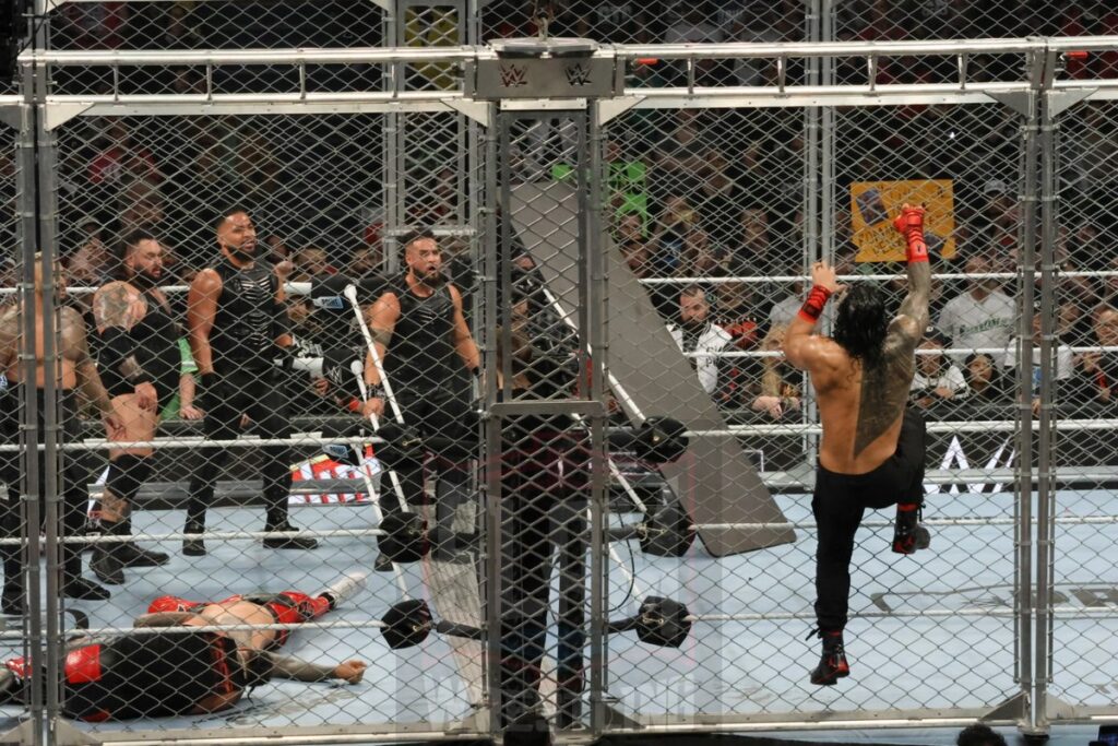 WarGames match: Roman Reigns, Sami Zayn, Jimmy Uso, Jey Uso, and CM Punk vs. Solo Sikoa, Tonga Loa, Tama Tonga, Jacob Fatu, and Bronson Reed at WWE Survivor Series: War Games, at the Rogers Arena in Vancouver, BC, on Saturday, November 30, 2024. Photo by Mike Mastrandrea, https://www.instagram.com/mikemastrandrea_photography