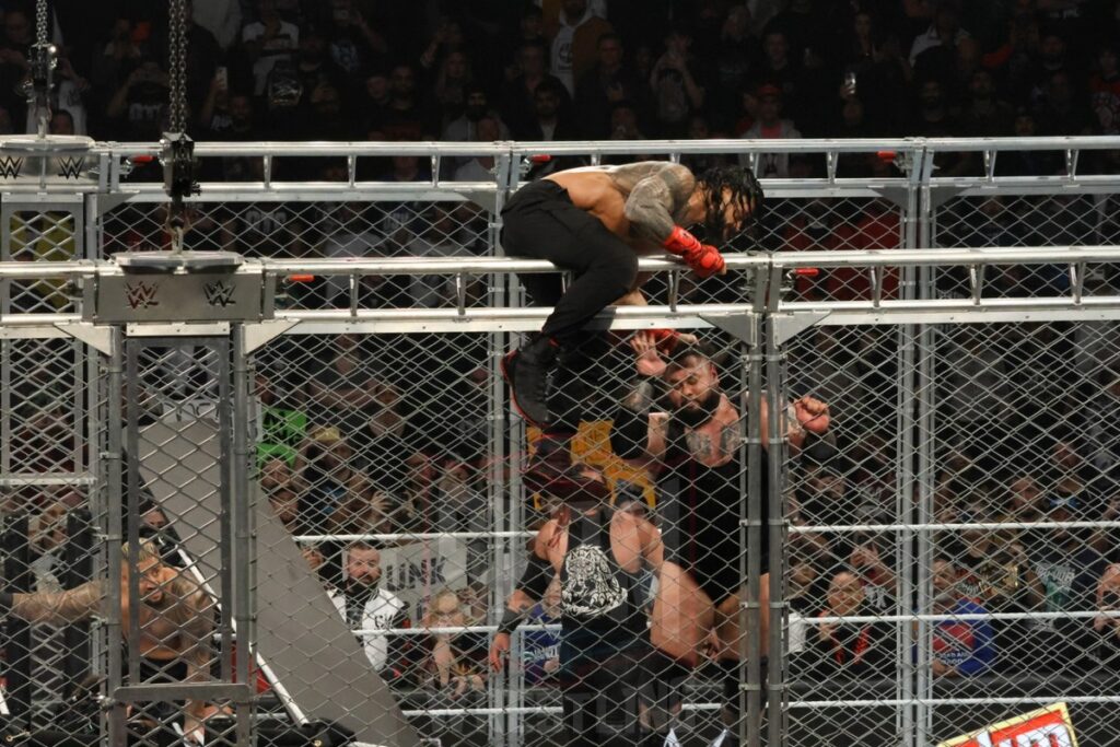 WarGames match: Roman Reigns, Sami Zayn, Jimmy Uso, Jey Uso, and CM Punk vs. Solo Sikoa, Tonga Loa, Tama Tonga, Jacob Fatu, and Bronson Reed at WWE Survivor Series: War Games, at the Rogers Arena in Vancouver, BC, on Saturday, November 30, 2024. Photo by Mike Mastrandrea, https://www.instagram.com/mikemastrandrea_photography