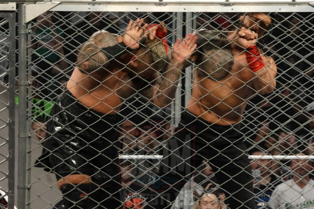 WarGames match: Roman Reigns, Sami Zayn, Jimmy Uso, Jey Uso, and CM Punk vs. Solo Sikoa, Tonga Loa, Tama Tonga, Jacob Fatu, and Bronson Reed at WWE Survivor Series: War Games, at the Rogers Arena in Vancouver, BC, on Saturday, November 30, 2024. Photo by Mike Mastrandrea, https://www.instagram.com/mikemastrandrea_photography