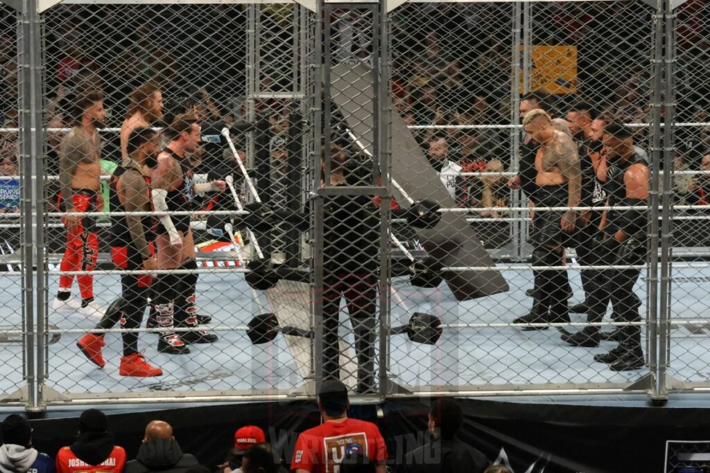 WarGames match: Roman Reigns, Sami Zayn, Jimmy Uso, Jey Uso, and CM Punk vs. Solo Sikoa, Tonga Loa, Tama Tonga, Jacob Fatu, and Bronson Reed at WWE Survivor Series: War Games, at the Rogers Arena in Vancouver, BC, on Saturday, November 30, 2024. Photo by Mike Mastrandrea, https://www.instagram.com/mikemastrandrea_photography