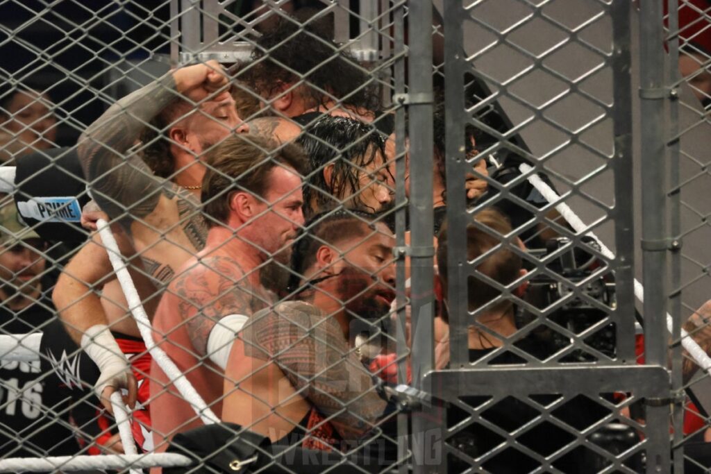 WarGames match: Roman Reigns, Sami Zayn, Jimmy Uso, Jey Uso, and CM Punk vs. Solo Sikoa, Tonga Loa, Tama Tonga, Jacob Fatu, and Bronson Reed at WWE Survivor Series: War Games, at the Rogers Arena in Vancouver, BC, on Saturday, November 30, 2024. Photo by Mike Mastrandrea, https://www.instagram.com/mikemastrandrea_photography