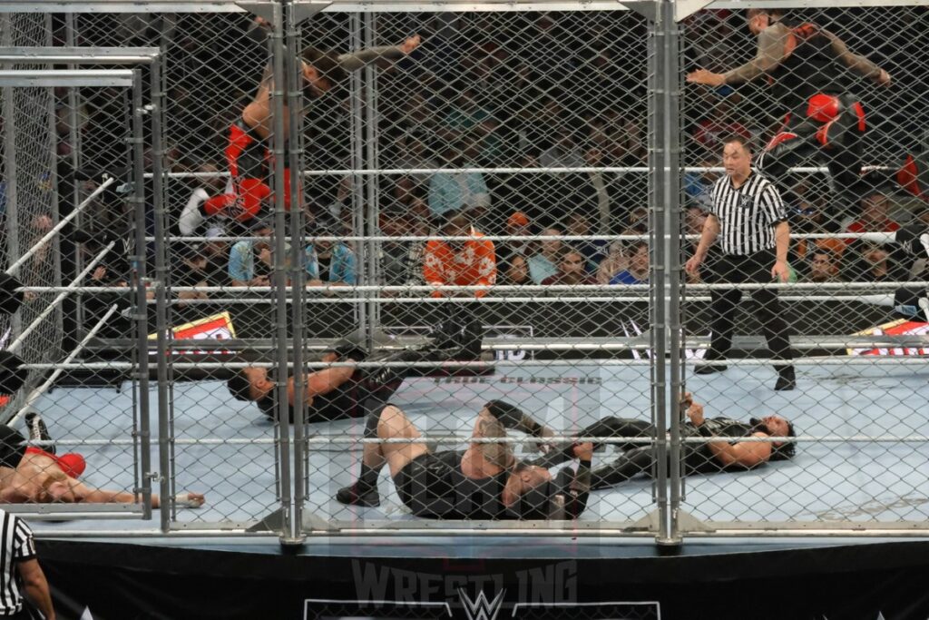 WarGames match: Roman Reigns, Sami Zayn, Jimmy Uso, Jey Uso, and CM Punk vs. Solo Sikoa, Tonga Loa, Tama Tonga, Jacob Fatu, and Bronson Reed at WWE Survivor Series: War Games, at the Rogers Arena in Vancouver, BC, on Saturday, November 30, 2024. Photo by Mike Mastrandrea, https://www.instagram.com/mikemastrandrea_photography