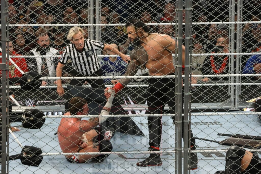 WarGames match: Roman Reigns, Sami Zayn, Jimmy Uso, Jey Uso, and CM Punk vs. Solo Sikoa, Tonga Loa, Tama Tonga, Jacob Fatu, and Bronson Reed at WWE Survivor Series: War Games, at the Rogers Arena in Vancouver, BC, on Saturday, November 30, 2024. Photo by Mike Mastrandrea, https://www.instagram.com/mikemastrandrea_photography