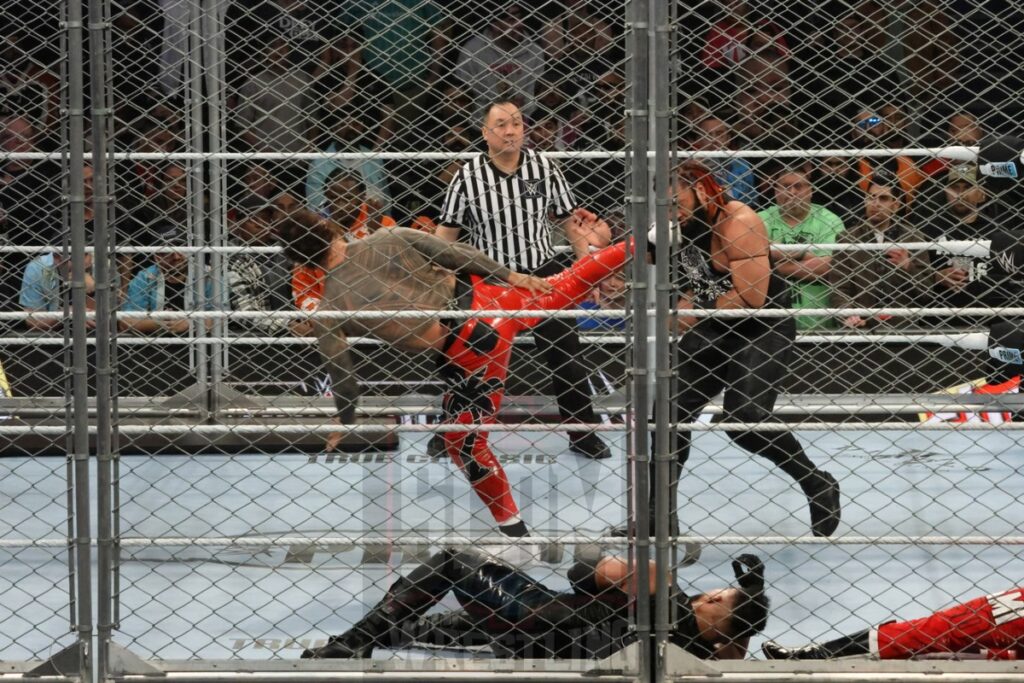 WarGames match: Roman Reigns, Sami Zayn, Jimmy Uso, Jey Uso, and CM Punk vs. Solo Sikoa, Tonga Loa, Tama Tonga, Jacob Fatu, and Bronson Reed at WWE Survivor Series: War Games, at the Rogers Arena in Vancouver, BC, on Saturday, November 30, 2024. Photo by Mike Mastrandrea, https://www.instagram.com/mikemastrandrea_photography