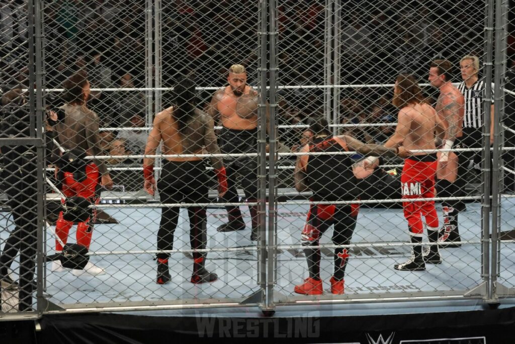 WarGames match: Roman Reigns, Sami Zayn, Jimmy Uso, Jey Uso, and CM Punk vs. Solo Sikoa, Tonga Loa, Tama Tonga, Jacob Fatu, and Bronson Reed at WWE Survivor Series: War Games, at the Rogers Arena in Vancouver, BC, on Saturday, November 30, 2024. Photo by Mike Mastrandrea, https://www.instagram.com/mikemastrandrea_photography