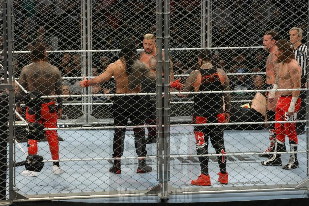 WarGames match: Roman Reigns, Sami Zayn, Jimmy Uso, Jey Uso, and CM Punk vs. Solo Sikoa, Tonga Loa, Tama Tonga, Jacob Fatu, and Bronson Reed at WWE Survivor Series: War Games, at the Rogers Arena in Vancouver, BC, on Saturday, November 30, 2024. Photo by Mike Mastrandrea, https://www.instagram.com/mikemastrandrea_photography