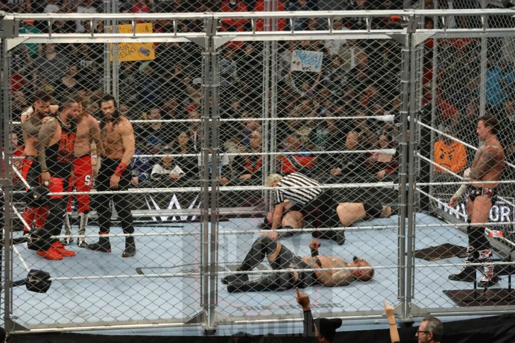 WarGames match: Roman Reigns, Sami Zayn, Jimmy Uso, Jey Uso, and CM Punk vs. Solo Sikoa, Tonga Loa, Tama Tonga, Jacob Fatu, and Bronson Reed at WWE Survivor Series: War Games, at the Rogers Arena in Vancouver, BC, on Saturday, November 30, 2024. Photo by Mike Mastrandrea, https://www.instagram.com/mikemastrandrea_photography