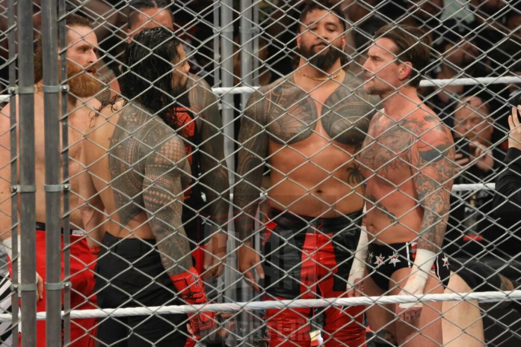 WarGames match: Roman Reigns, Sami Zayn, Jimmy Uso, Jey Uso, and CM Punk vs. Solo Sikoa, Tonga Loa, Tama Tonga, Jacob Fatu, and Bronson Reed at WWE Survivor Series: War Games, at the Rogers Arena in Vancouver, BC, on Saturday, November 30, 2024. Photo by Mike Mastrandrea, https://www.instagram.com/mikemastrandrea_photography