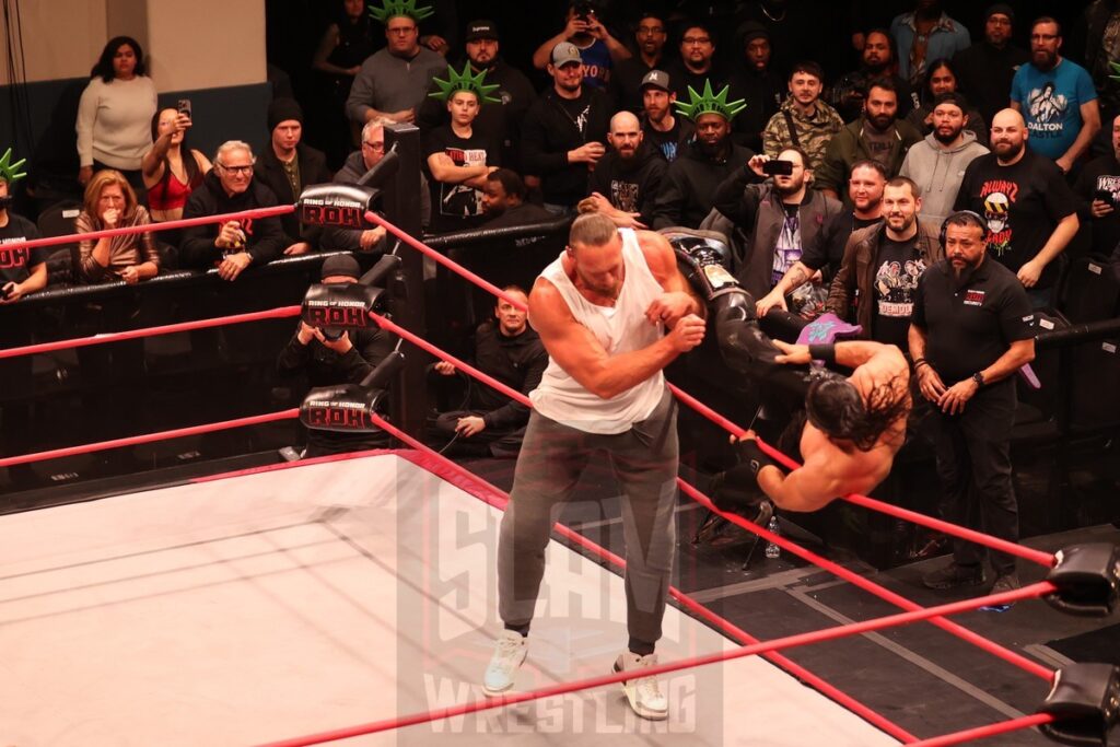 Bandido makes the save during the ROH World Championship Match: Chris Jericho (c) (with Bryan Keith and Big Bill) vs Matt Cardona at Ring of Honor's Final Battle on Friday, December 20, 2024, at the Hammerstein Ballroom in New York, New York. Photo by George Tahinos, georgetahinos.smugmug.com