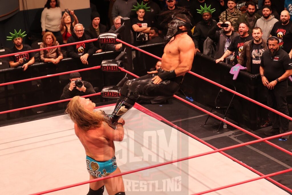 Bandido makes the save during the ROH World Championship Match: Chris Jericho (c) (with Bryan Keith and Big Bill) vs Matt Cardona at Ring of Honor's Final Battle on Friday, December 20, 2024, at the Hammerstein Ballroom in New York, New York. Photo by George Tahinos, georgetahinos.smugmug.com